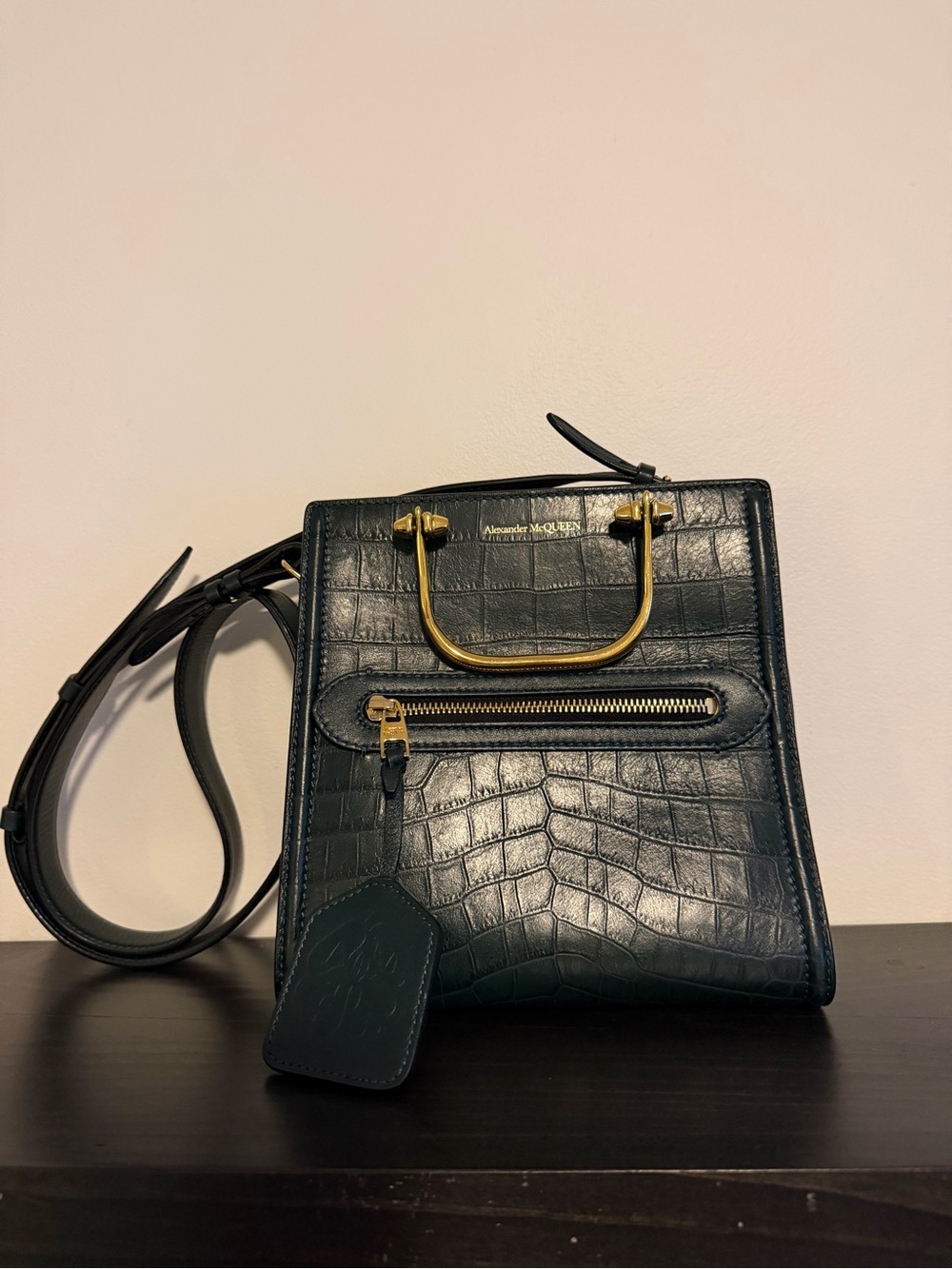 Alexander McQueen Short Story in embossed croc leather dark green